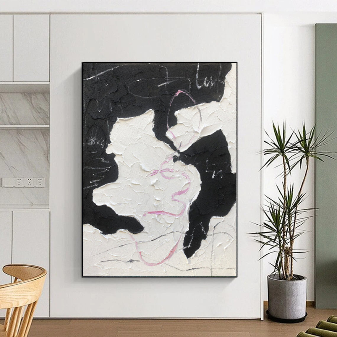 “Black - White - Pink Textured Abstraction” - Abstract Expressionist Art CT0480