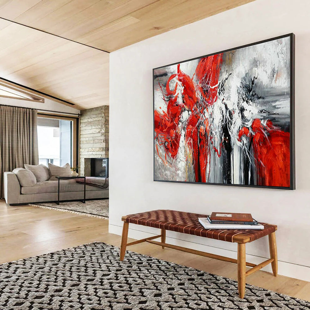 “Scarlet Rhapsody” - Red, white, gray; dynamic, swirling red forms against muted background CT1485