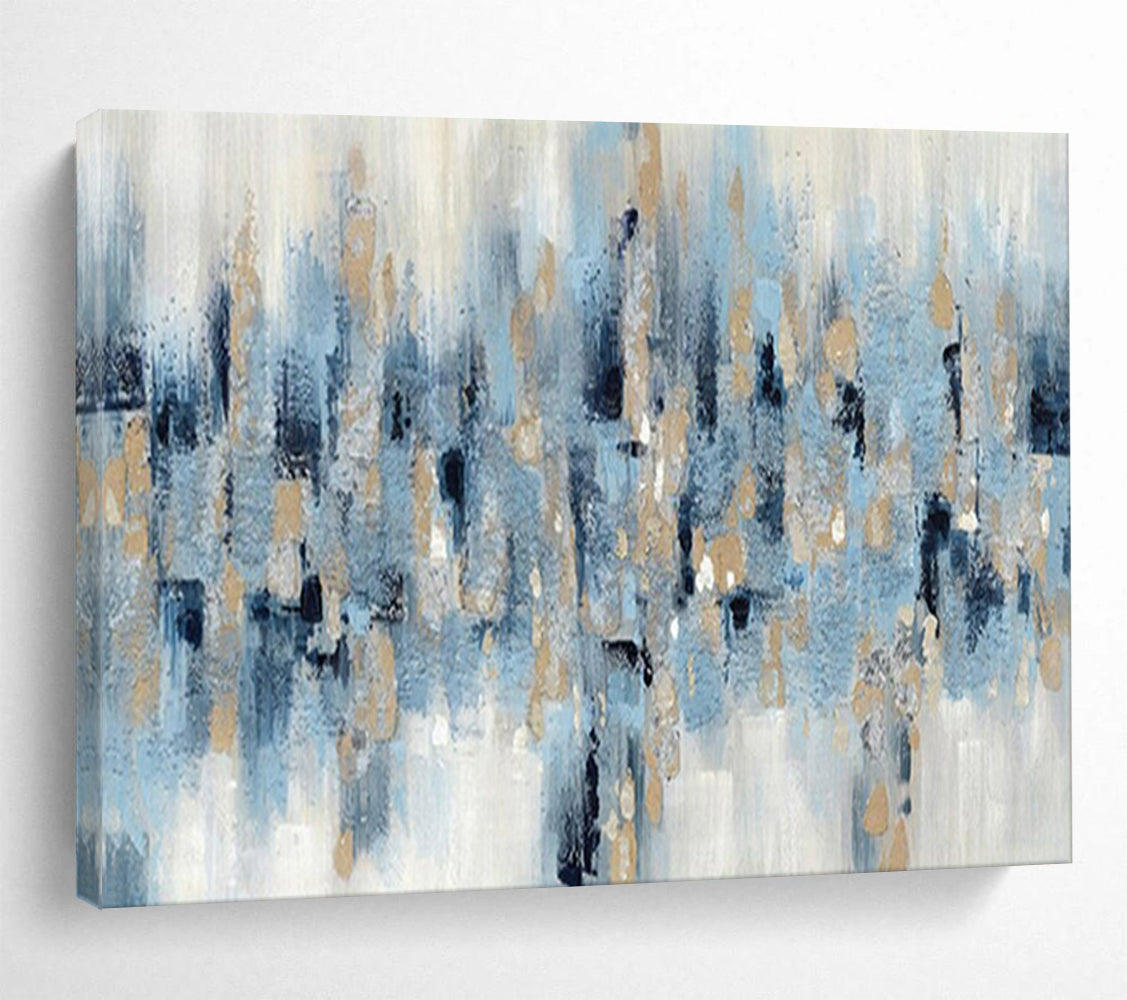 “Blue - Gold Rhythm” - Blues, whites, metallic gold; scattered, rhythmic abstract shapes CT1519