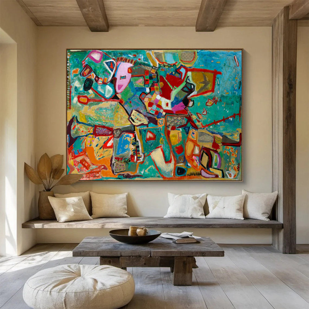 Abstract forms in blue - green with pops of pink and red CT1679