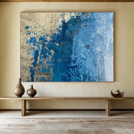 “Blue - Gold Cracked Abstraction” - Blues, golds, whites; cracked - texture abstraction with metallic accents CT1634