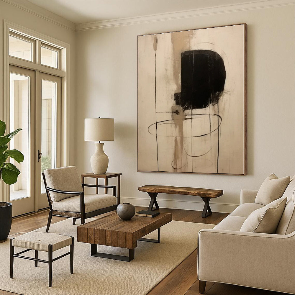 “Minimalist Black and Beige Forms”,Abstract Line - Driven Acrylic Painting CT0526