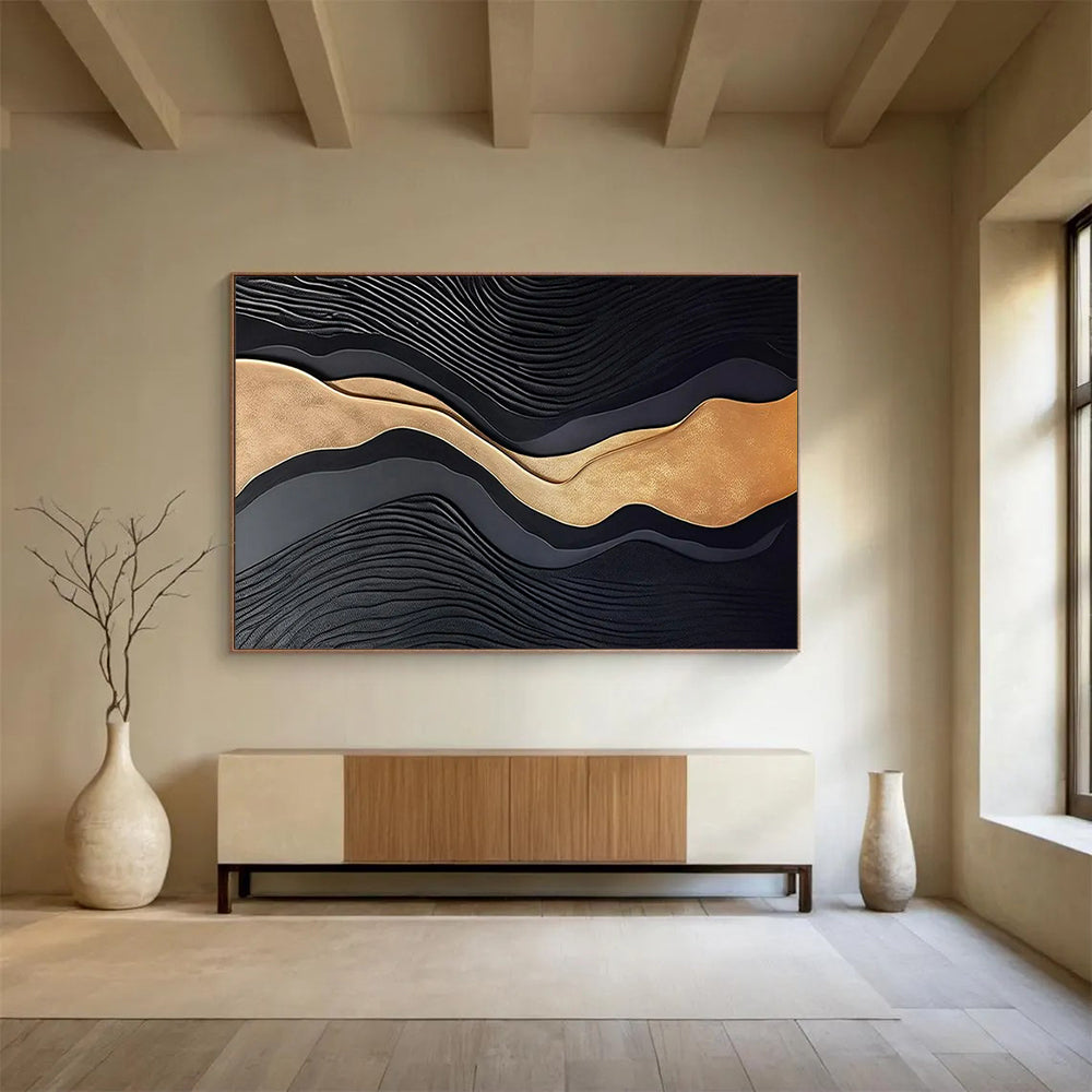 “Black & Gold Waves” - Black, gold; 3D - like wavy layers CT1576