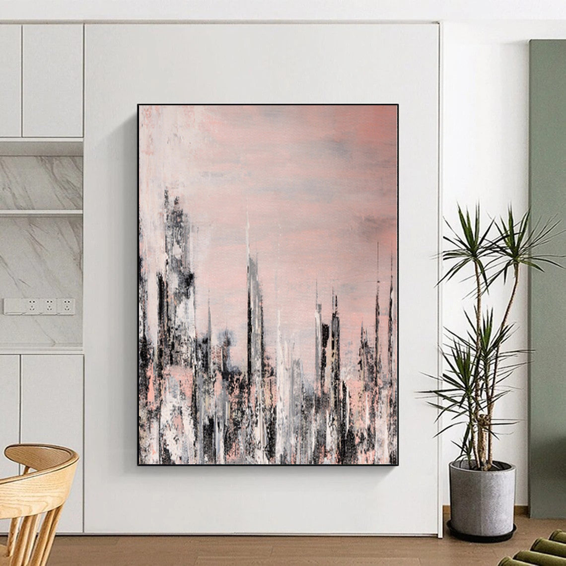 “Blush Cityscape” - Abstract Art with Pink, Gray, White, Black CT0061