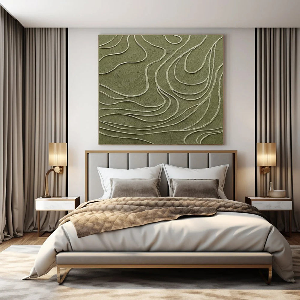 “Olive Green with White Wavy Lines” Textured Relief Art CT0144