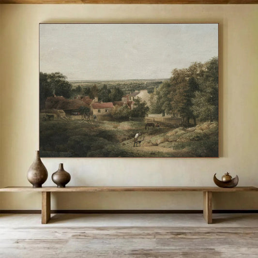 “Rural Idyll in Hues” - Greens, browns, soft tones; detailed pastoral village scene CT1609