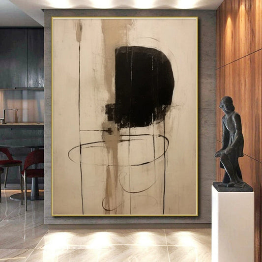 “Minimalist Black and Beige Forms”,Abstract Line - Driven Acrylic Painting CT0526