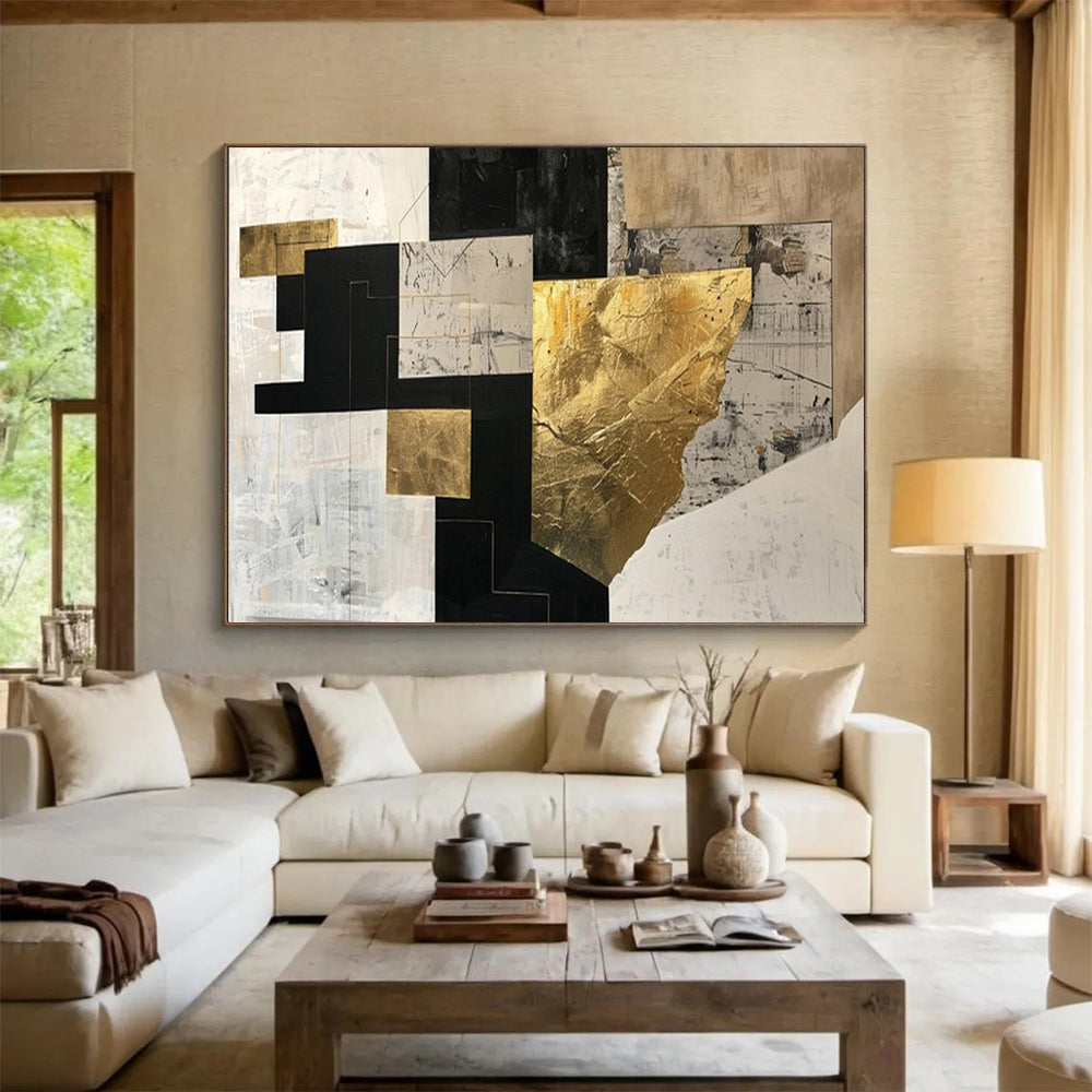 “Geometric Gold & Black Fusion” – Abstract Geometric Acrylic Painting CT1709