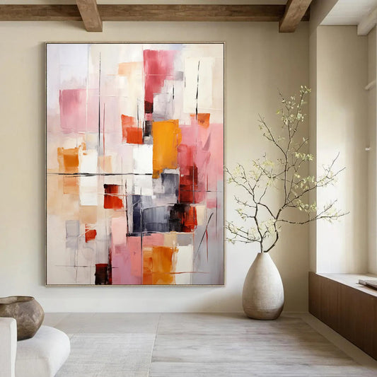“Pink - Orange - Gray Abstract Composition” Modernist Acrylic Art CT0189