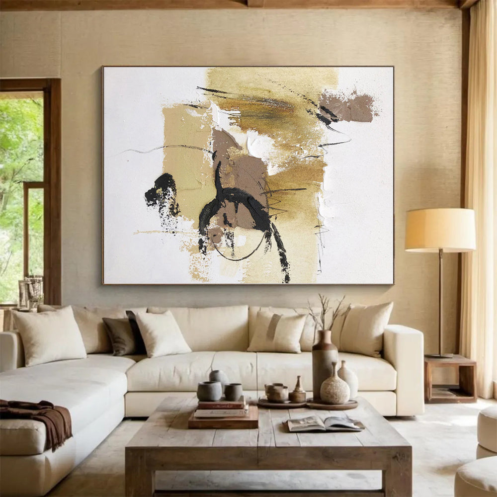 “Beige - Black Textured Abstraction” - Abstract Expressionist Art CT0500