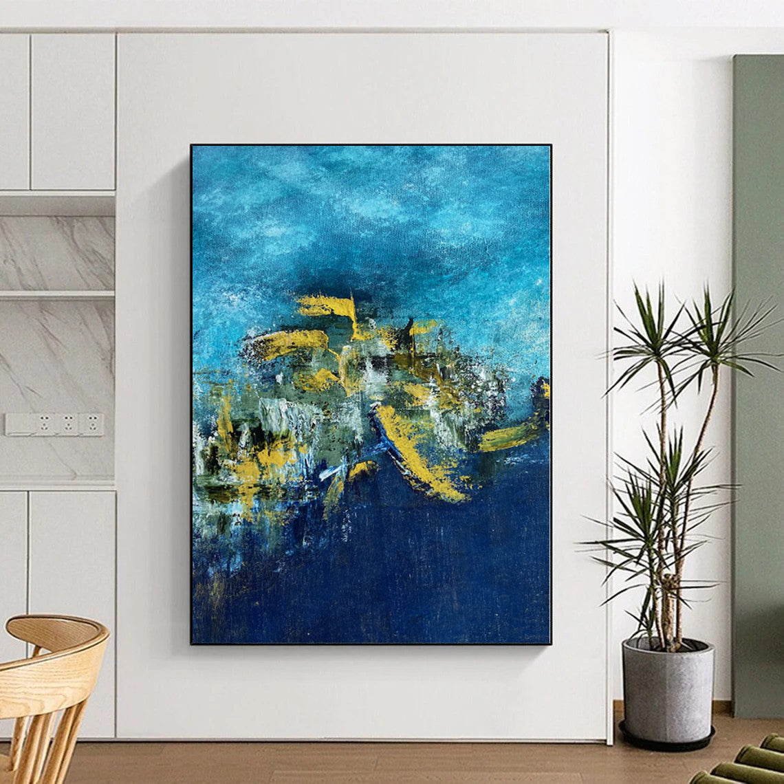 “Ocean Gold” - Abstract Painting with Blue, Yellow, Green, White CT0062