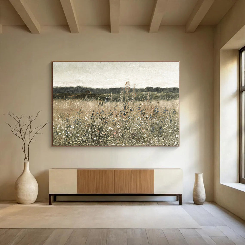 “Wildflower Field in Neutral” - Browns, greens, soft whites; detailed, muted meadow scene CT1612