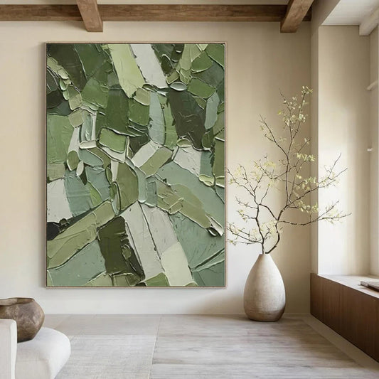 “Patchwork Green Textured Abstract” Cubist - Inspired Acrylic Art CT0201