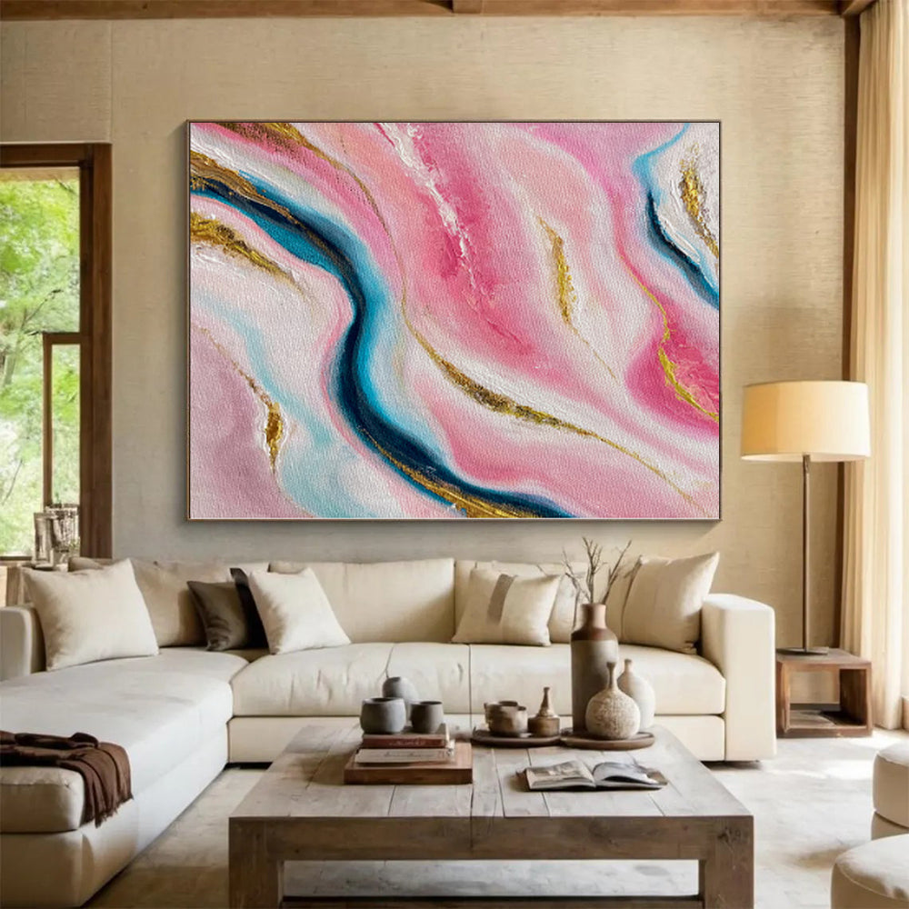 “Pink Marble Gold Veins” - Abstract Painting with Pink, Blue, White, Gold Swirls CT0029
