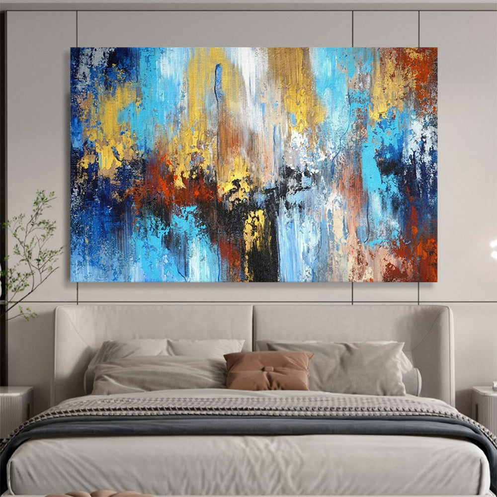 “Blue - Gold Urban Impasto” - Blues, golds, reds; vibrant, textured cityscape abstraction CT1606