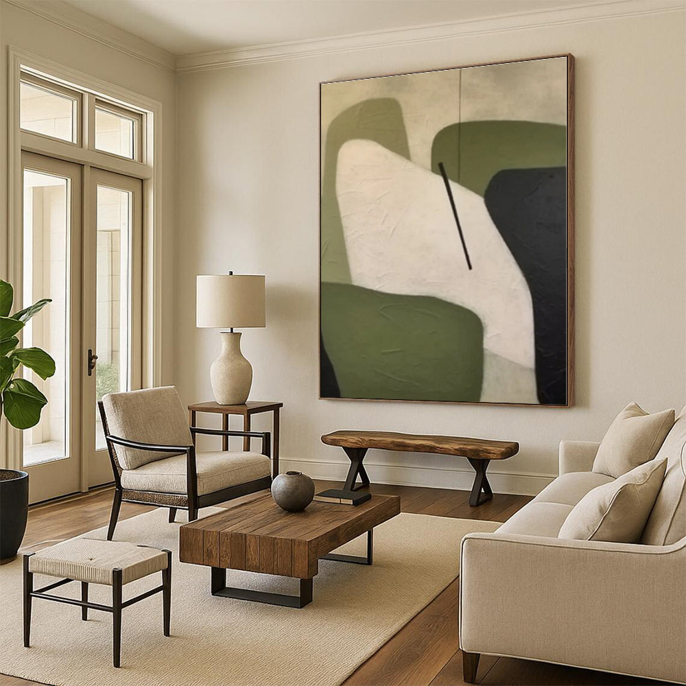 “Geometric Shapes in Green and White”,Abstract Minimalist Acrylic Art CT0575
