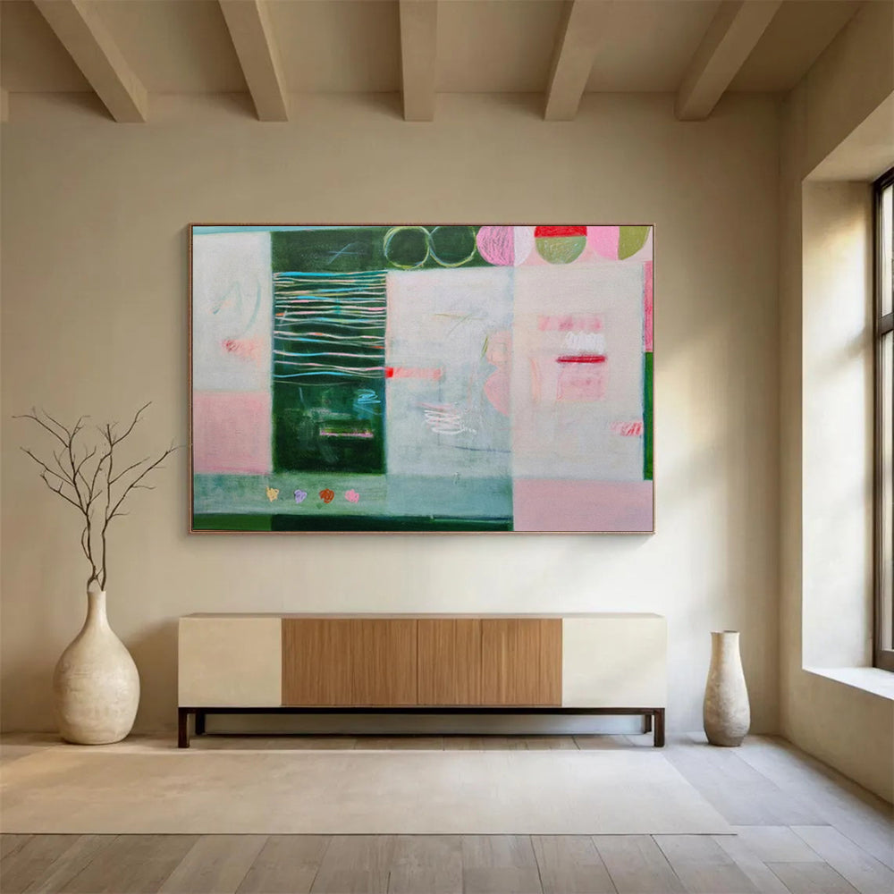 “Playful Panels” - Greens, pinks, blues; mixed patterns and shapes in a grid CT1500