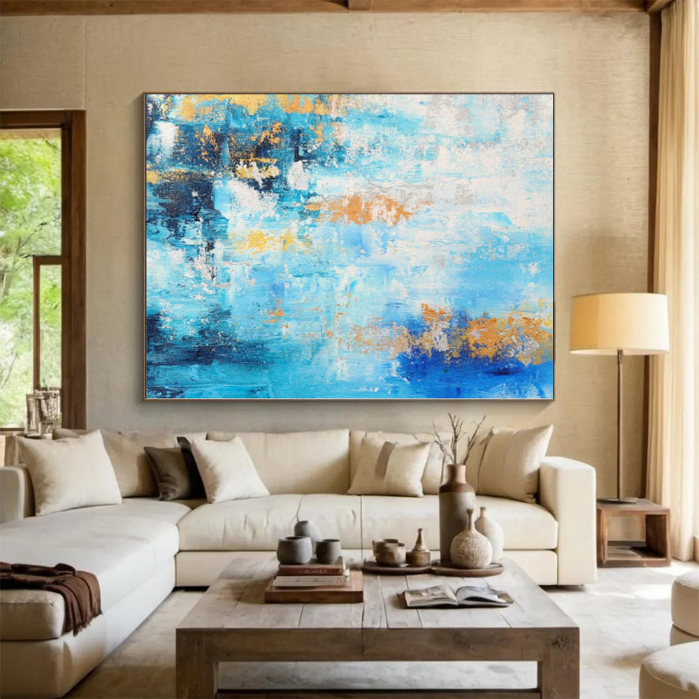 “Azure Gold Streaks” - Abstract Art with Blue, White, Gold Accents CT0015