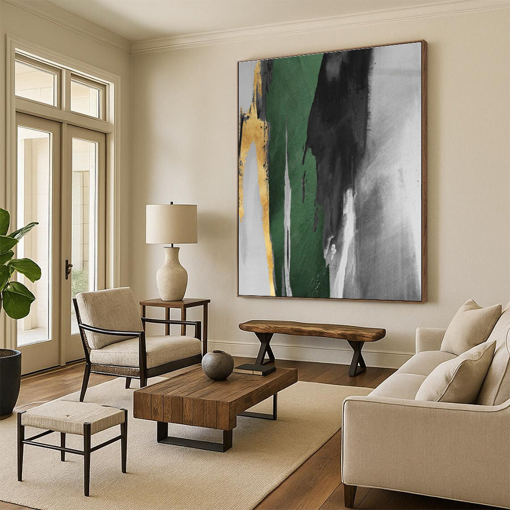 “Green - Black - Gold Dynamic Strokes”,Abstract Expressionist Art CT0637