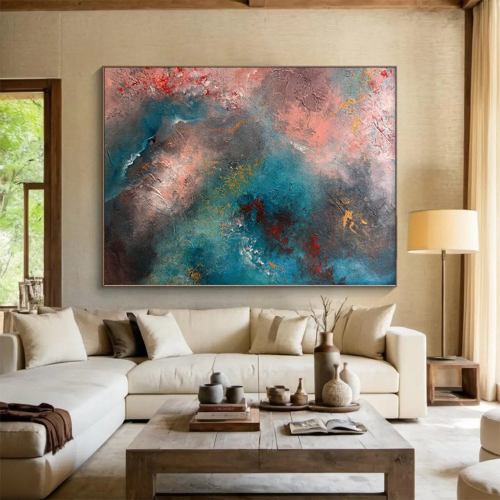 “Cosmic Blush” - Abstract Painting with Pink, Blue, Gray, Yellow, Red CT0053