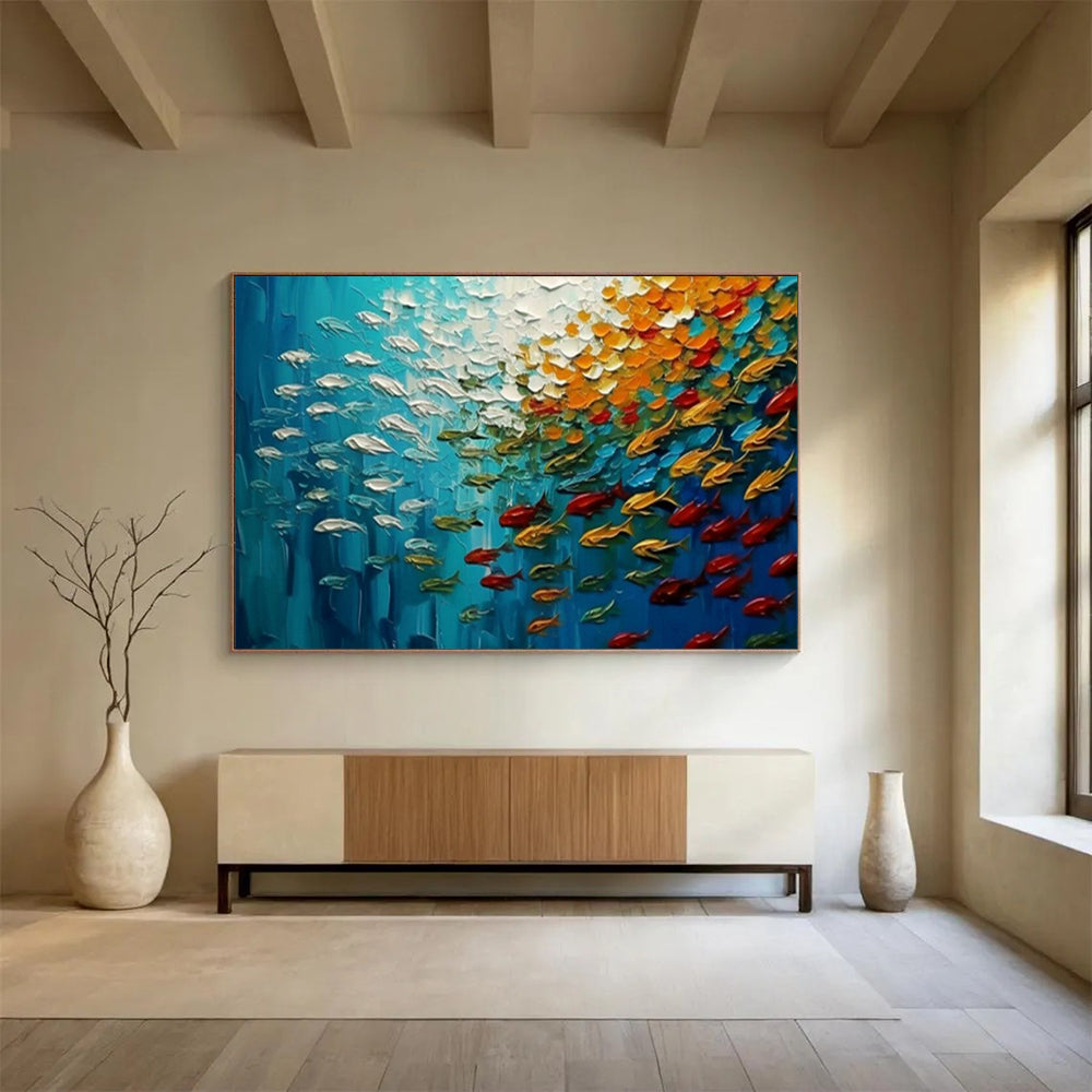 “Oceanic Symphony” – Deep blues, whites, oranges with thickly painted, swirling fish CT1689