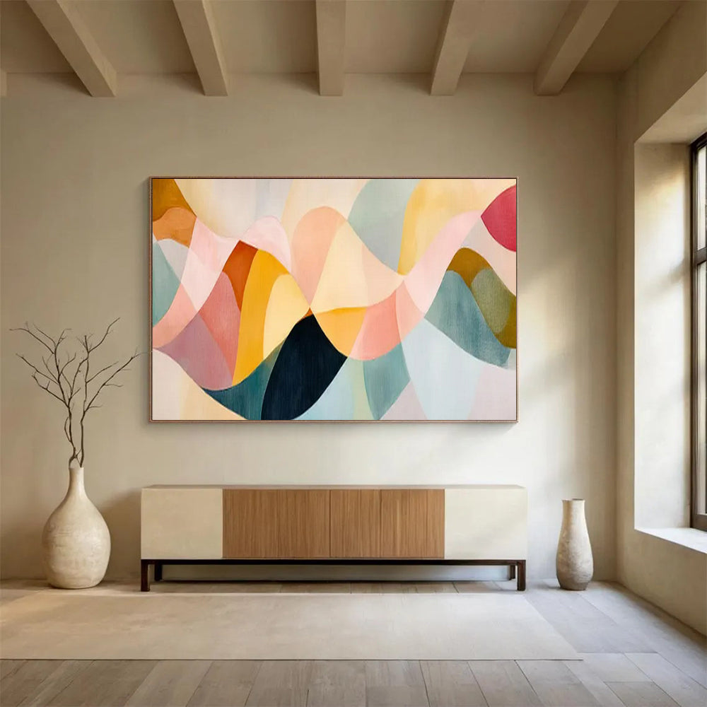 “Pastel Wave Harmony” – Blush, peach, teal, mustard in overlapping, wavy acrylic shapes CT1694