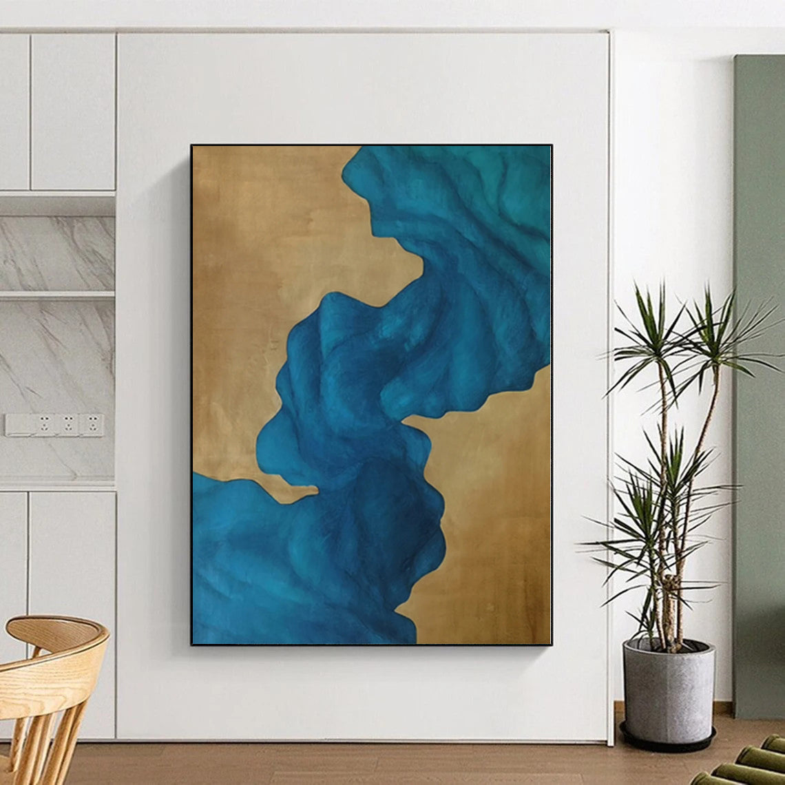 “Fluid Blue on Gold” Abstract Acrylic Art CT0343