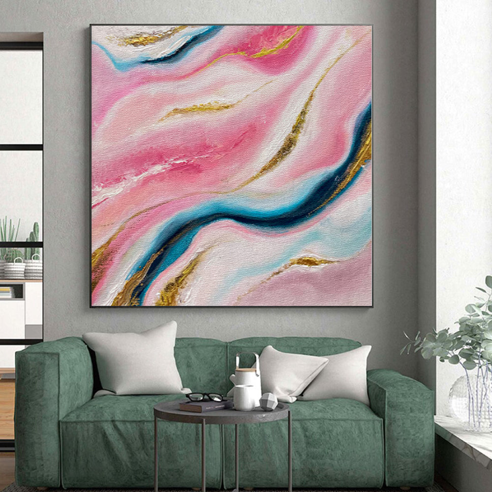 “Pink Marble Gold Veins” - Abstract Painting with Pink, Blue, White, Gold Swirls CT0029