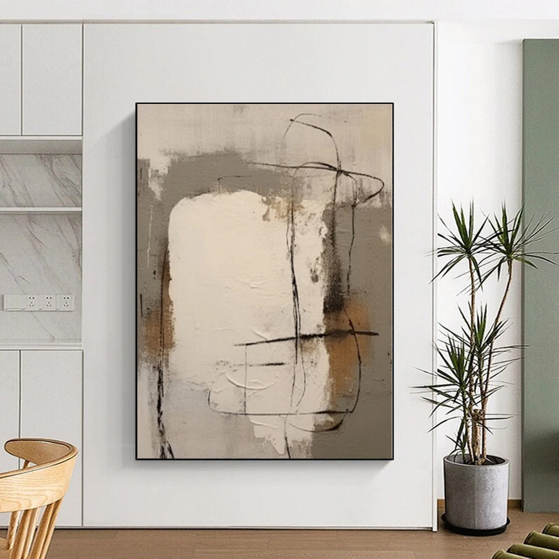 “Neutral Shapes with Black Lines”,Abstract Geometric Oil Painting CT0541
