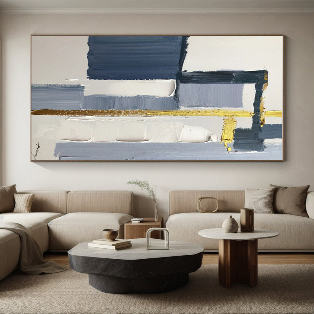 “Grey - Blue Geometry with Gold Accents”,Abstract Geometric Oil Painting CT0514