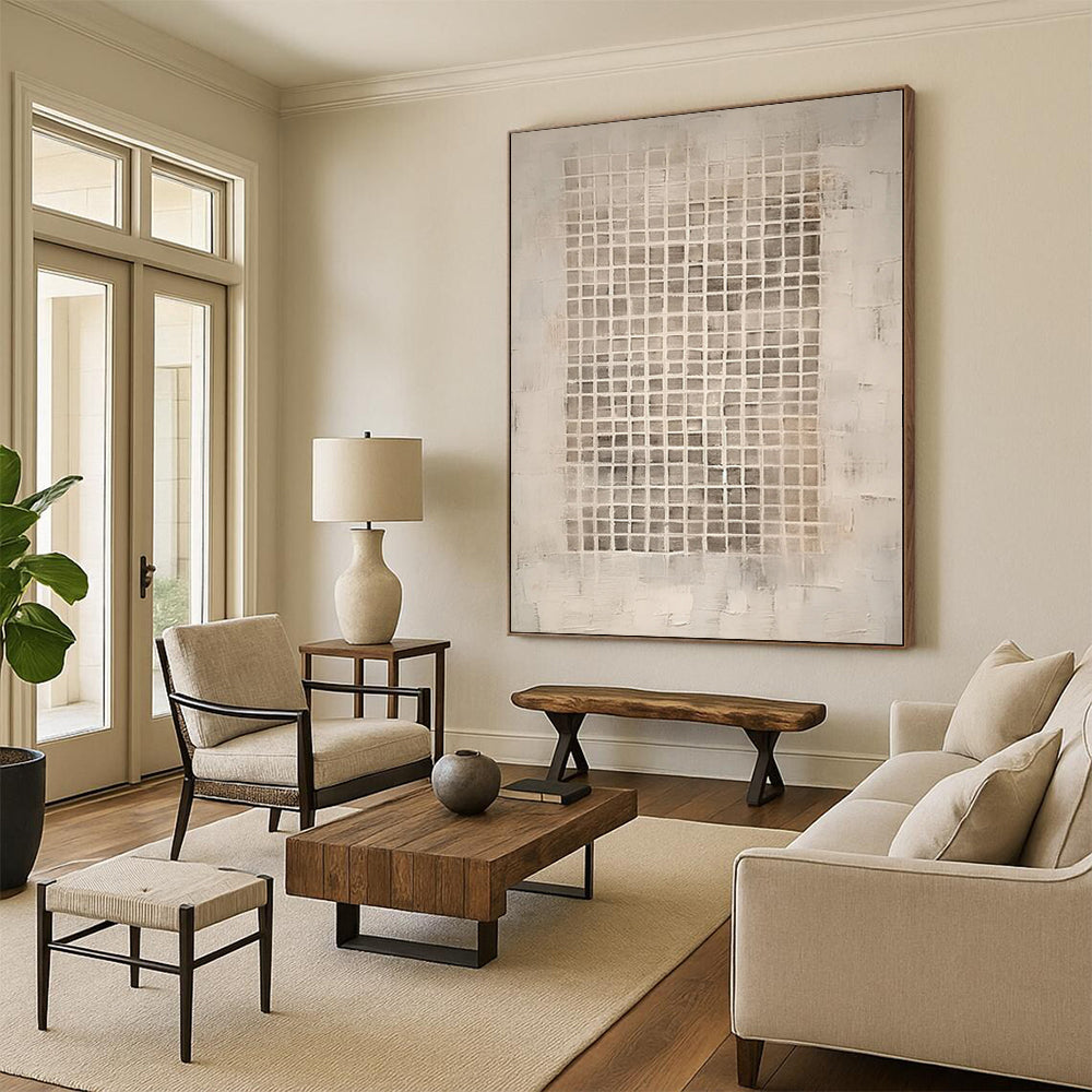 “Neutral Grid” - Abstract Work with Beige, Gray CT0091