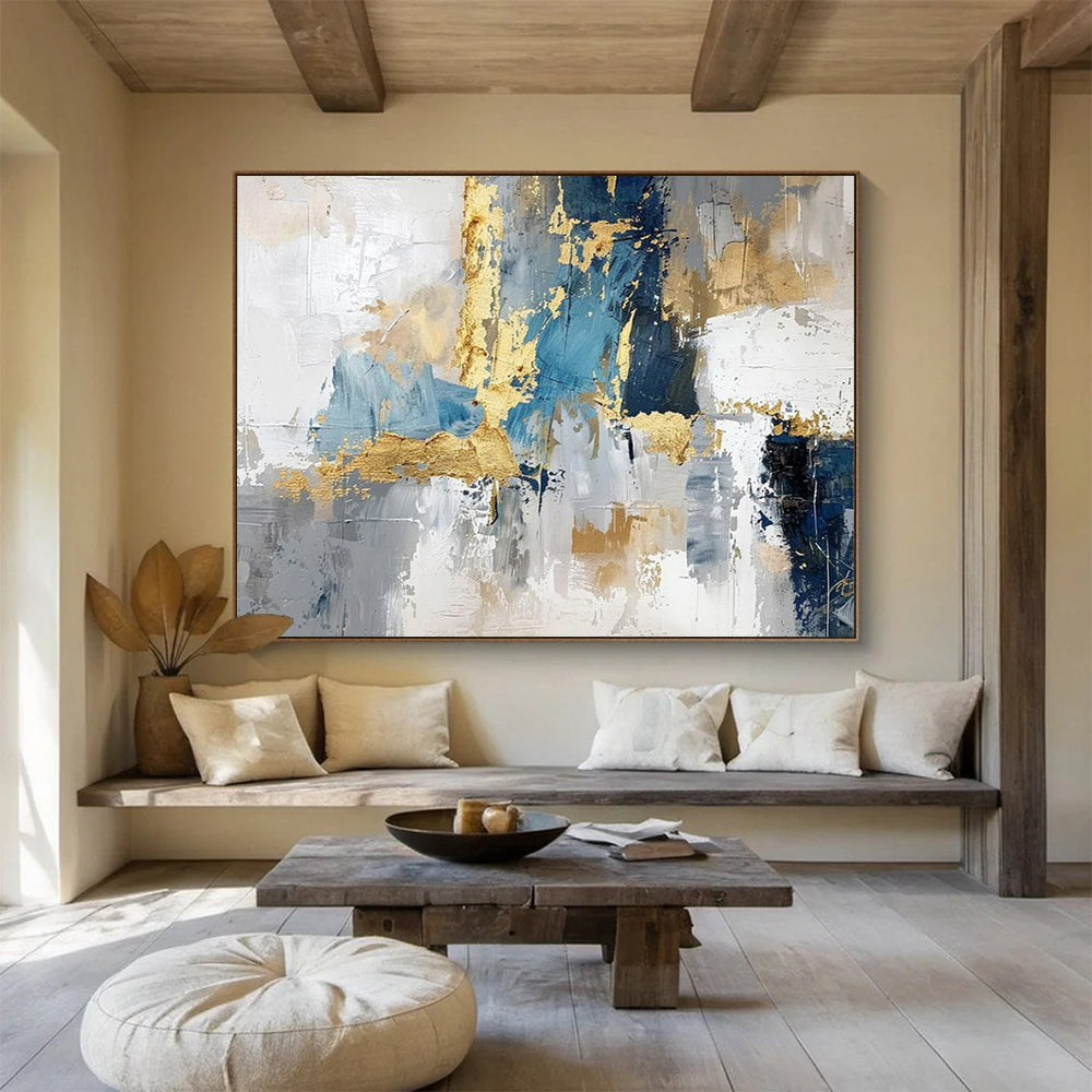 “Gold - Accented Urban Abstract” - Blues, grays, golds; bold, textured geometric abstraction CT1602