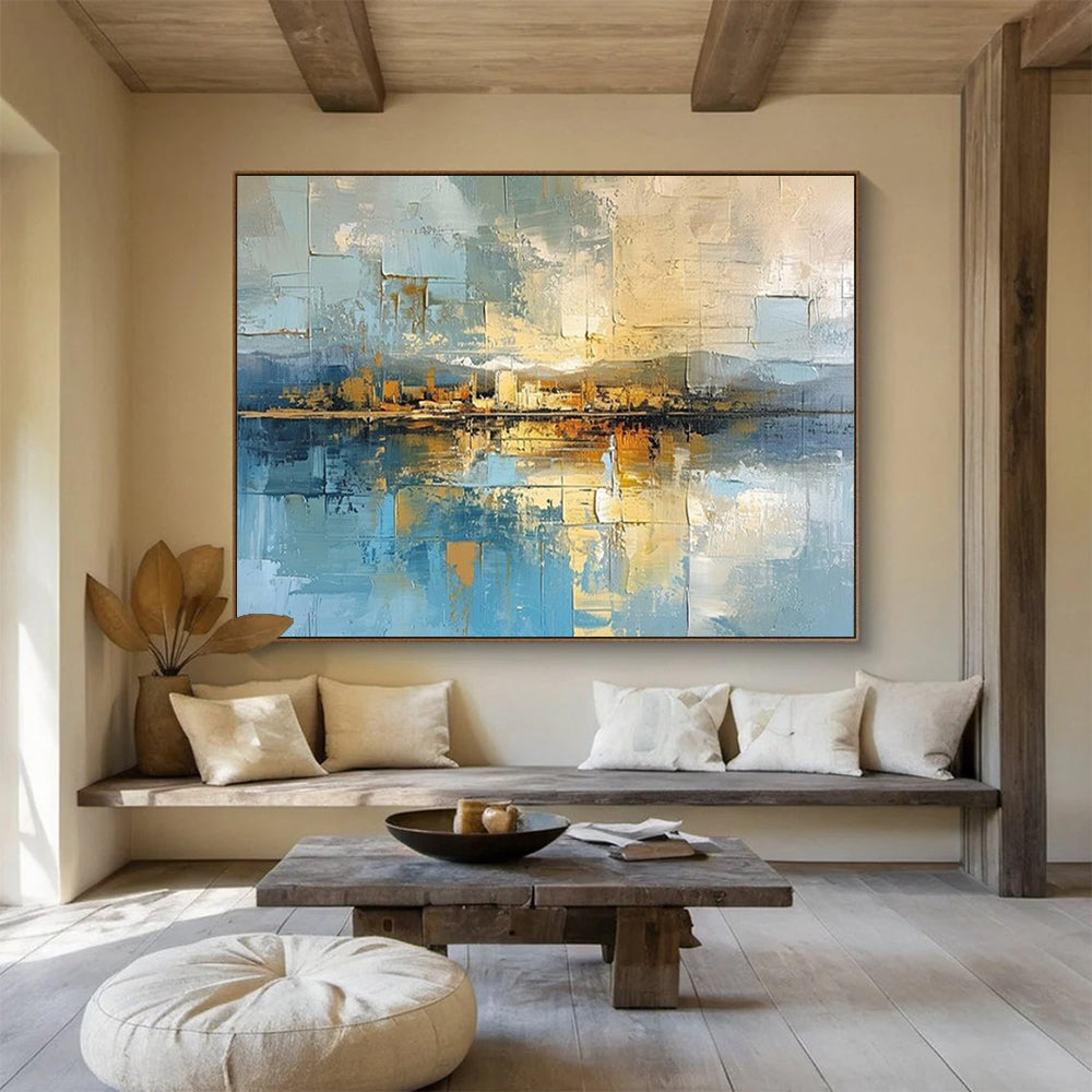 “Urban Reflection” - An urban abstract in blue, gold, and brown CT1640