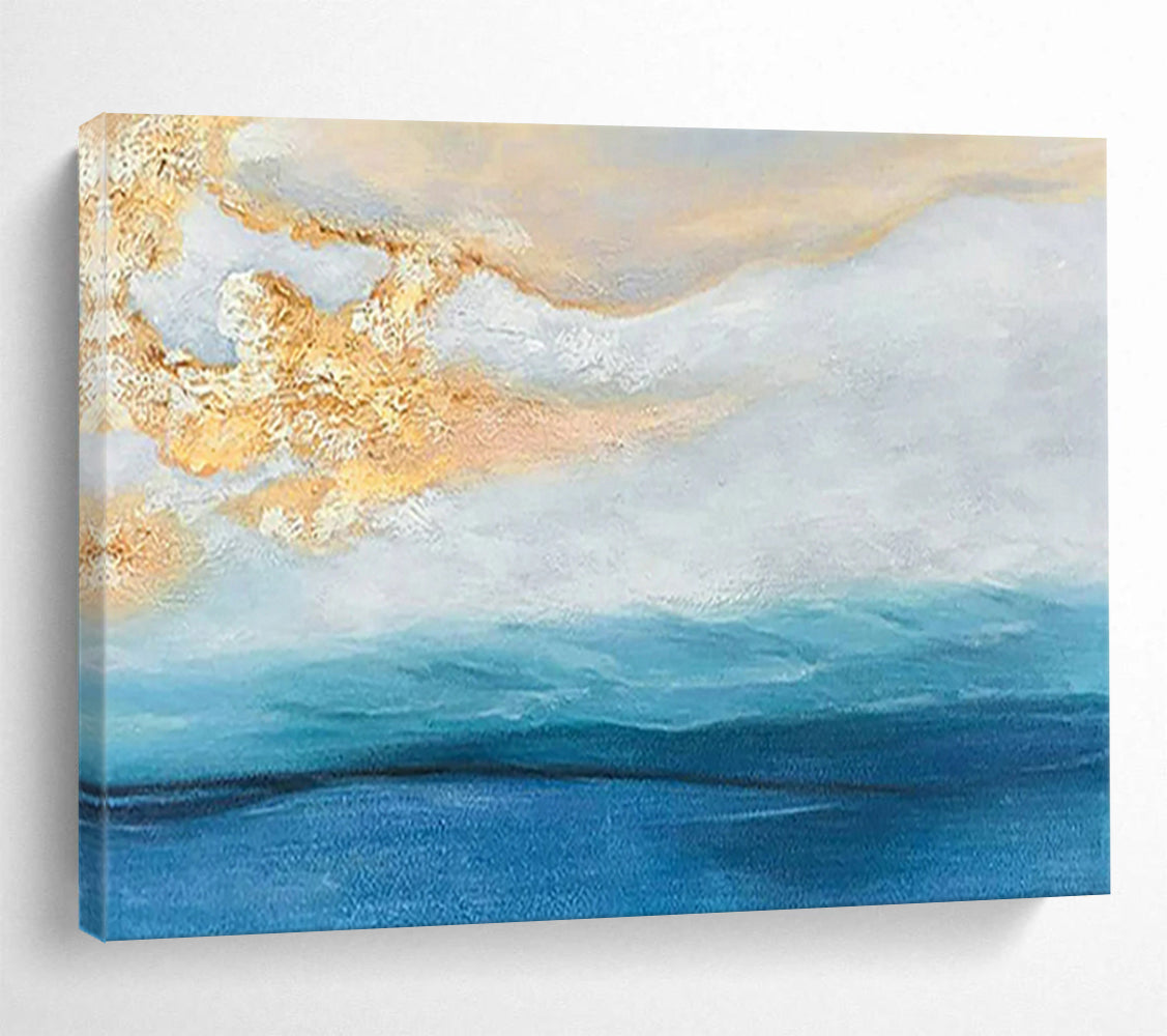 “Coastal Gleam” - Blues, whites, gold; fluid, seascape - inspired abstract forms CT1521