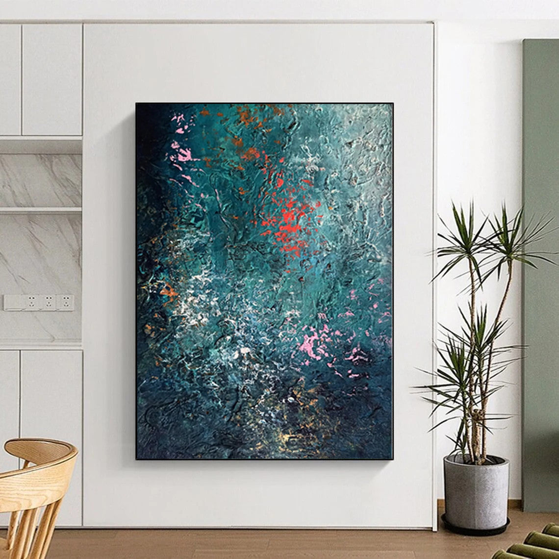 “Deep Sea Sparkle” - Abstract Painting with Teal Background, Pink and Orange Flecks CT0002