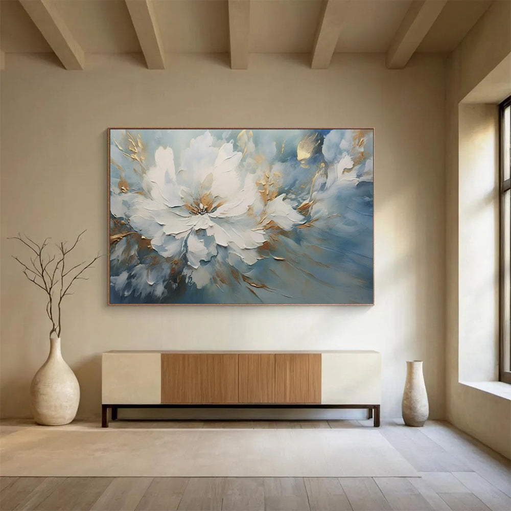 “White Flower with Gold Accents” – Impasto Floral Oil Painting CT1756