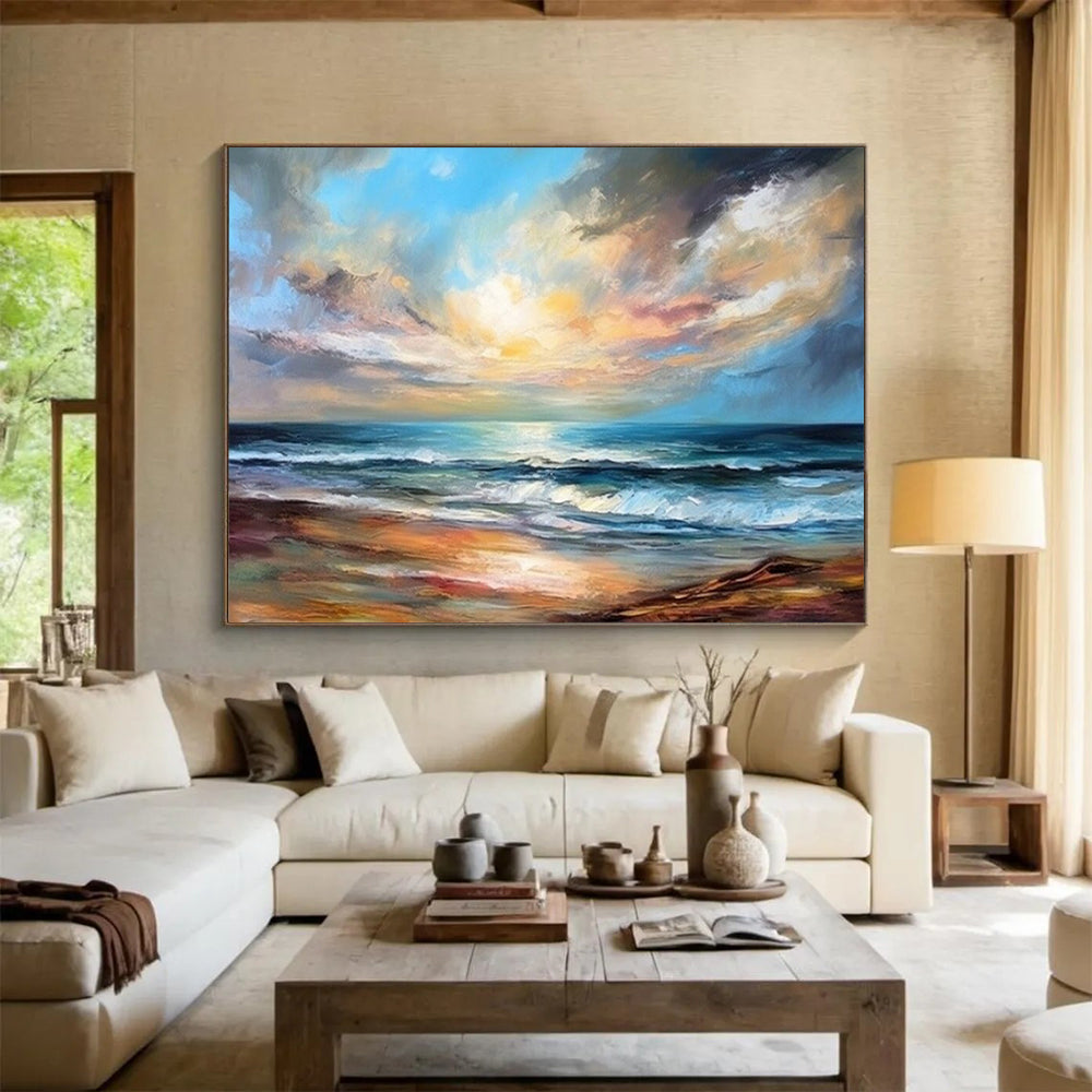 “Seascape Dream” - Blues, oranges, whites; vibrant, swirling sunset over ocean CT1511