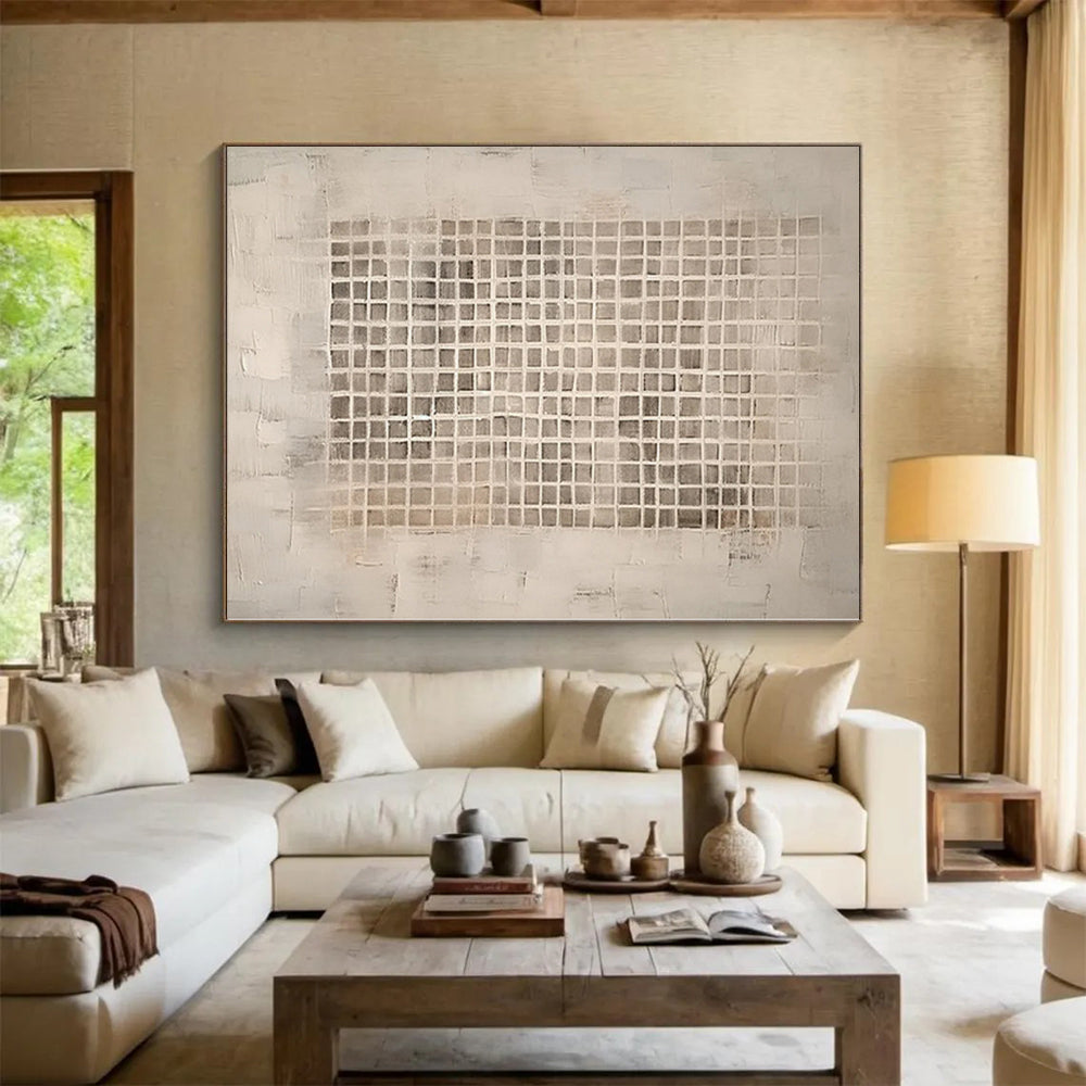 “Neutral Grid” - Abstract Work with Beige, Gray CT0091