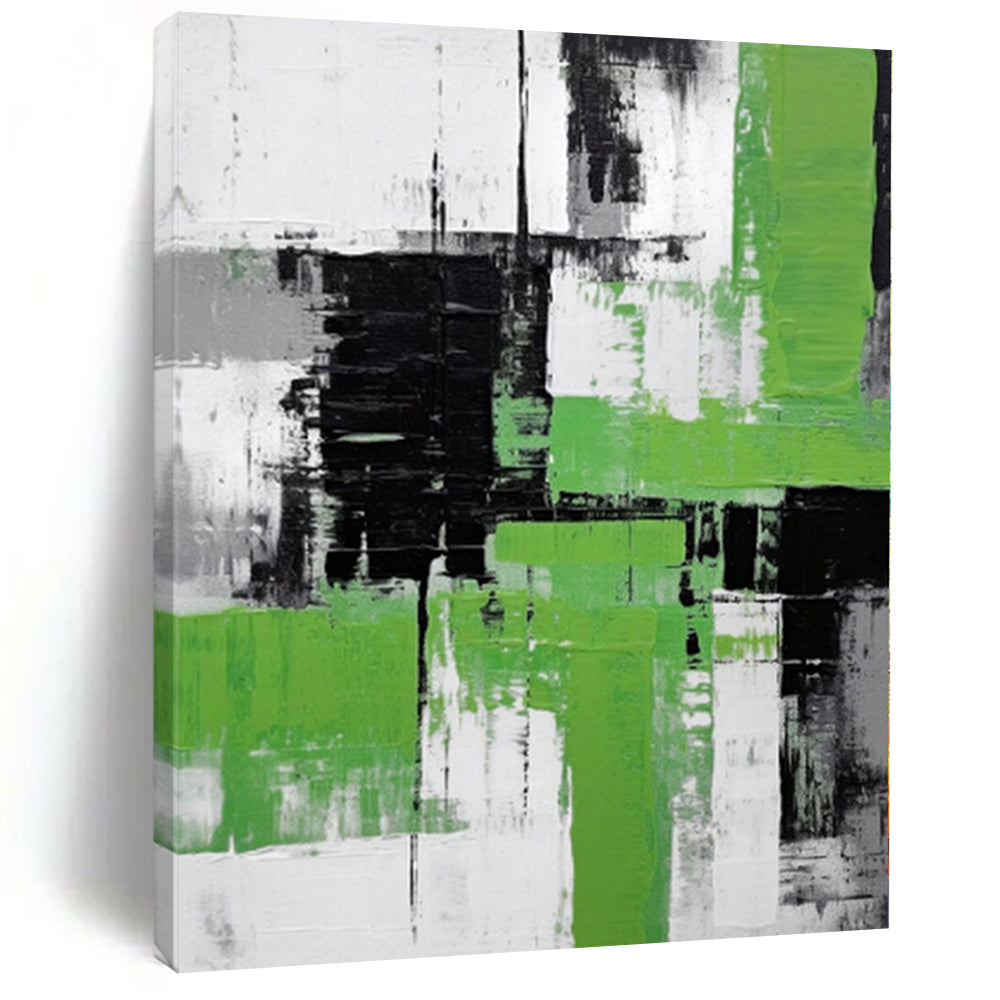 “Green, Black, and White Abstract Layers” Dynamic Acrylic Art CT0181