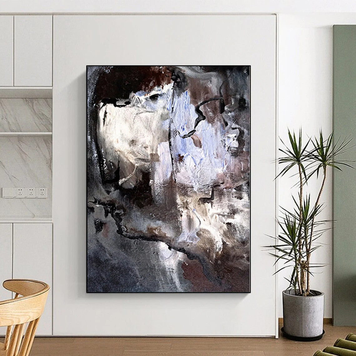 “Shadowed Faces” - Abstract Art with Gray, Brown, White, Blue CT0048