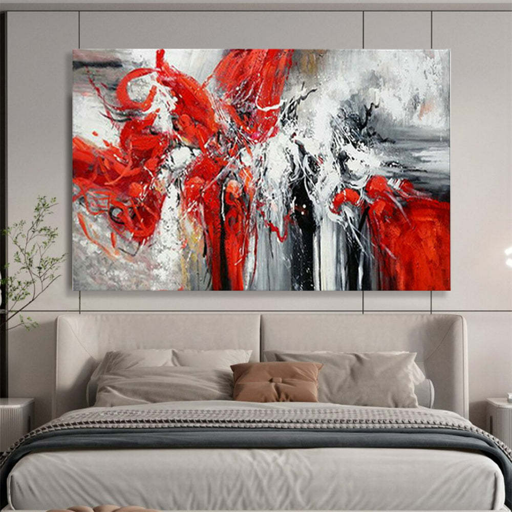 “Scarlet Rhapsody” - Red, white, gray; dynamic, swirling red forms against muted background CT1485