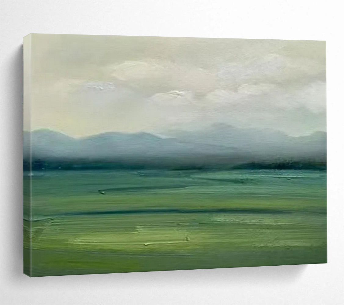 Misty Green Field & Distant Mountains - Landscape Oil Painting CT1785