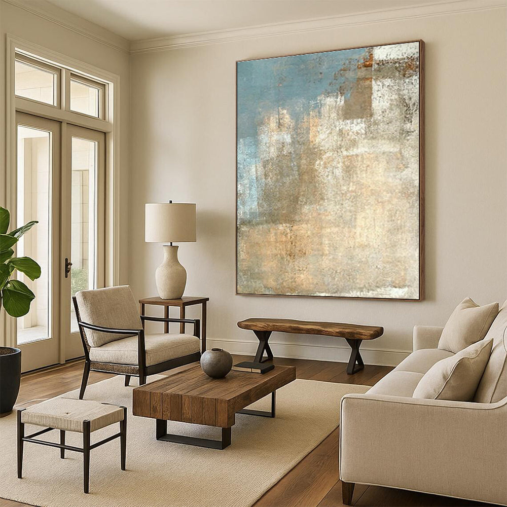 “Blue - Beige Textured Abstract”,Vintage - Inspired Abstract Oil Painting CT0568