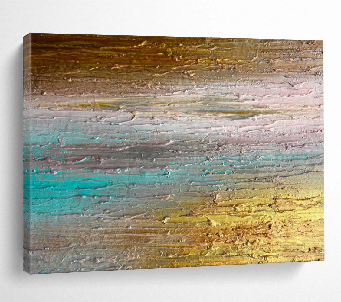 “Sunset Horizons” – Layered golds, teals, pinks in thick, horizontal acrylic strokes CT1691