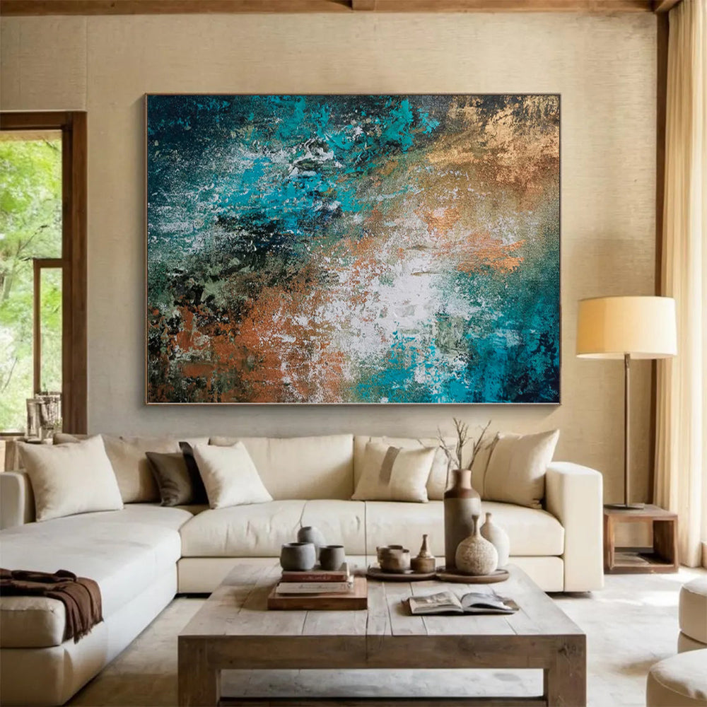 “Teal Copper Cascade” - Abstract Art with Teal, Copper, White Textures CT0019