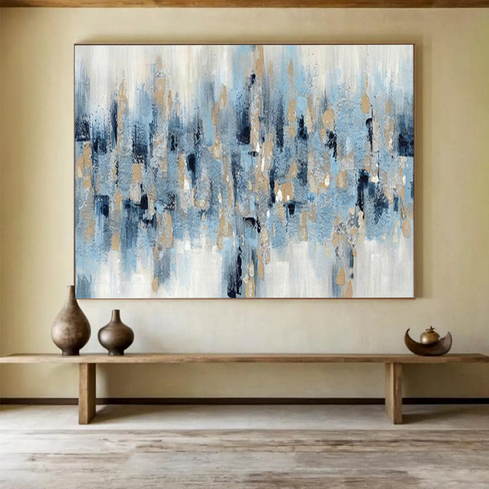 “Blue - Gold Rhythm” - Blues, whites, metallic gold; scattered, rhythmic abstract shapes CT1519