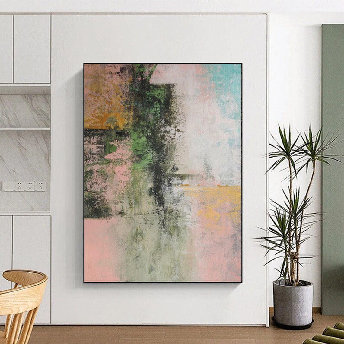 “Blush & Green Fusion” - Abstract Acrylic with Pink, Green, Yellow, Blue CT0044