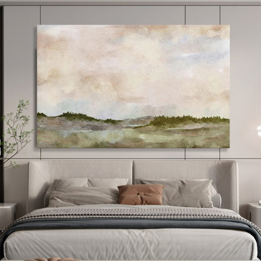 “Hazy Horizons” - Soft pinks, blues, greens; dreamy, misty landscape with distant hills CT1488