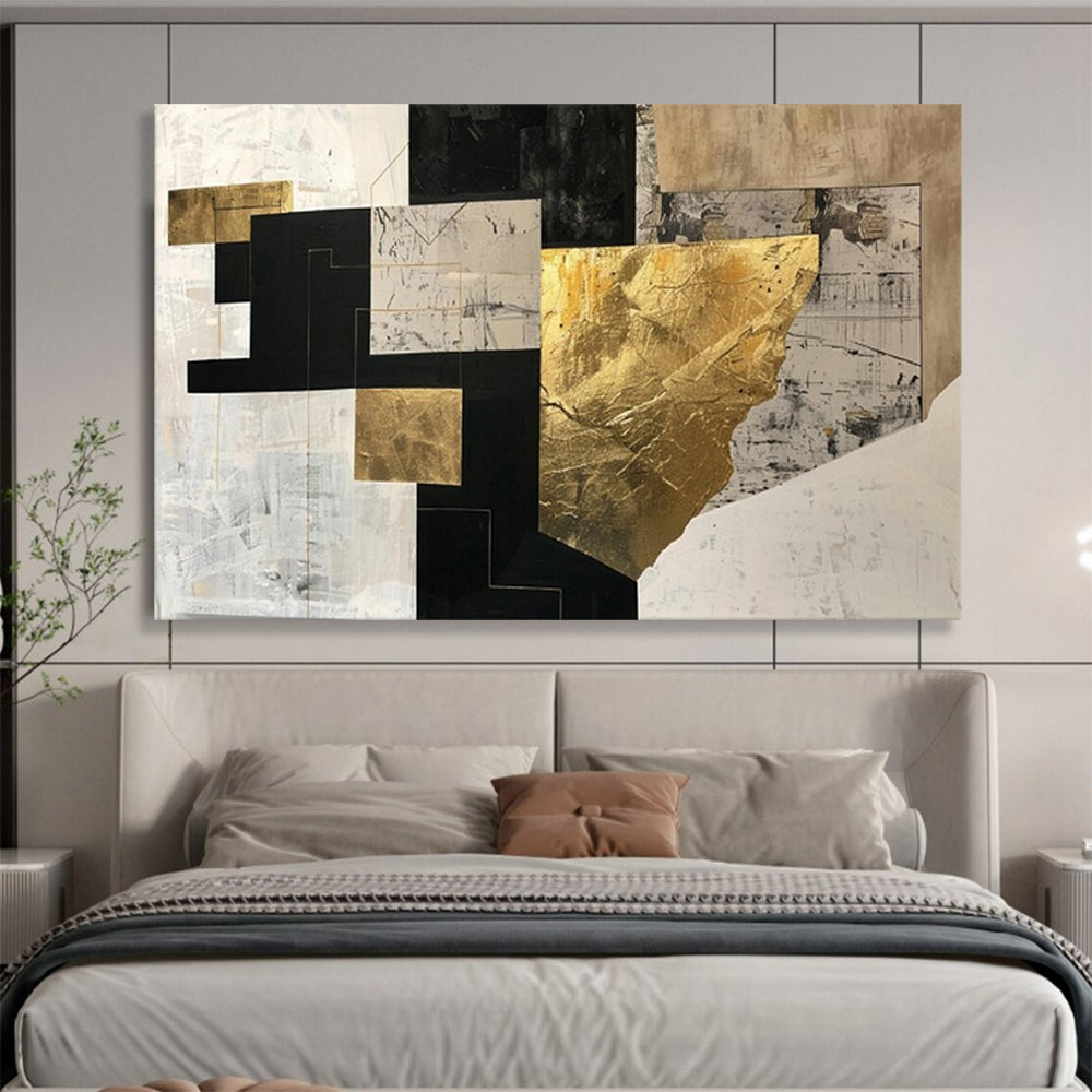 “Geometric Gold & Black Fusion” – Abstract Geometric Acrylic Painting CT1709