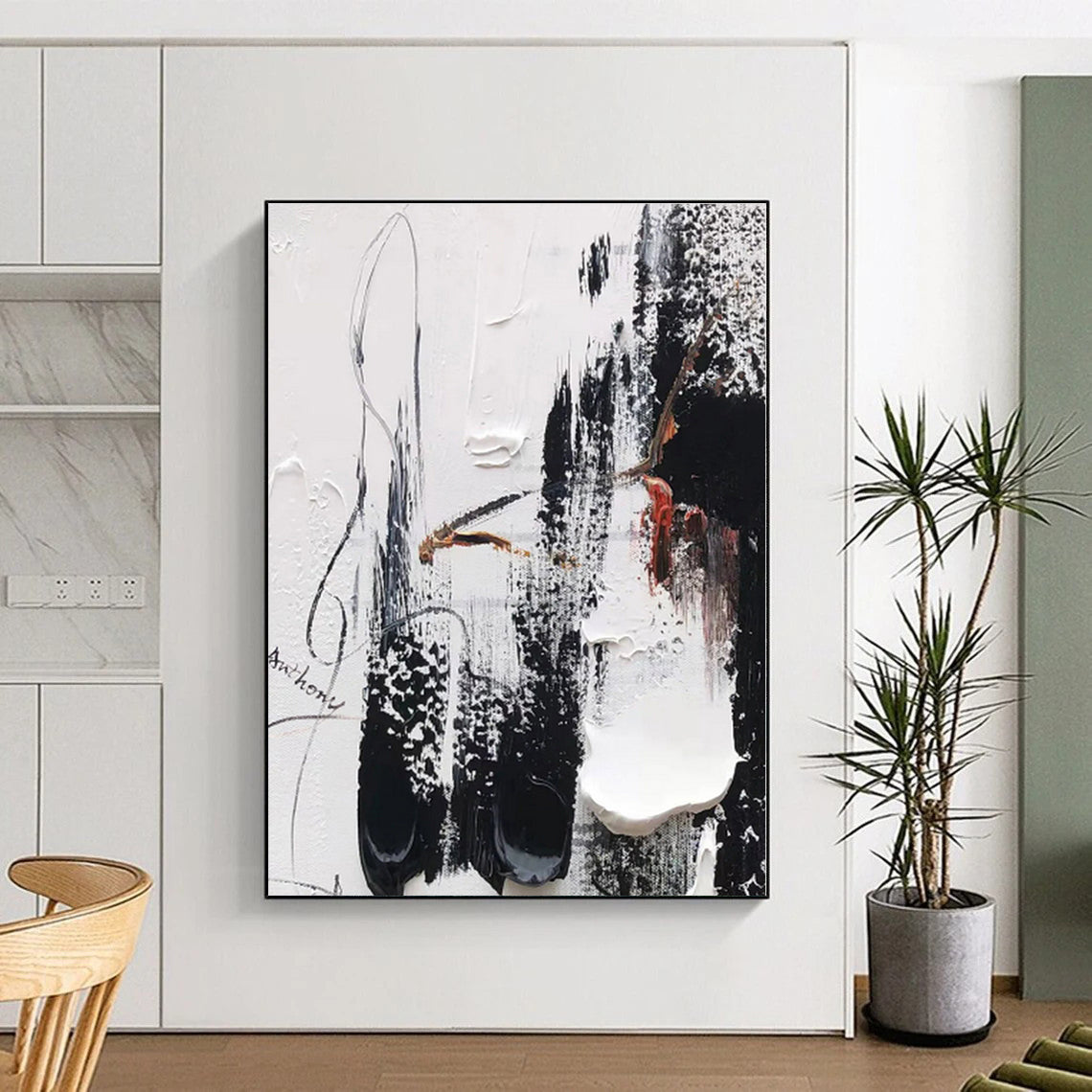 “Black - White - Red Textured Abstraction” - Abstract Expressionist Art CT0495